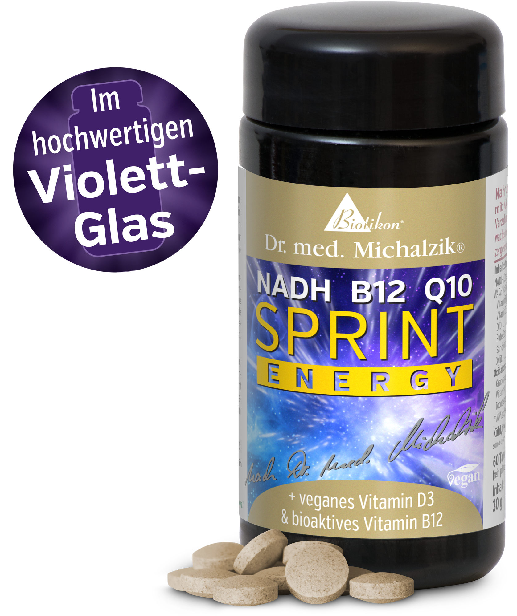 NADH B12 Q10 Nahrungsergänzung – vegane Tabletten im schwarzen Glasbehälter, 30 Stück.