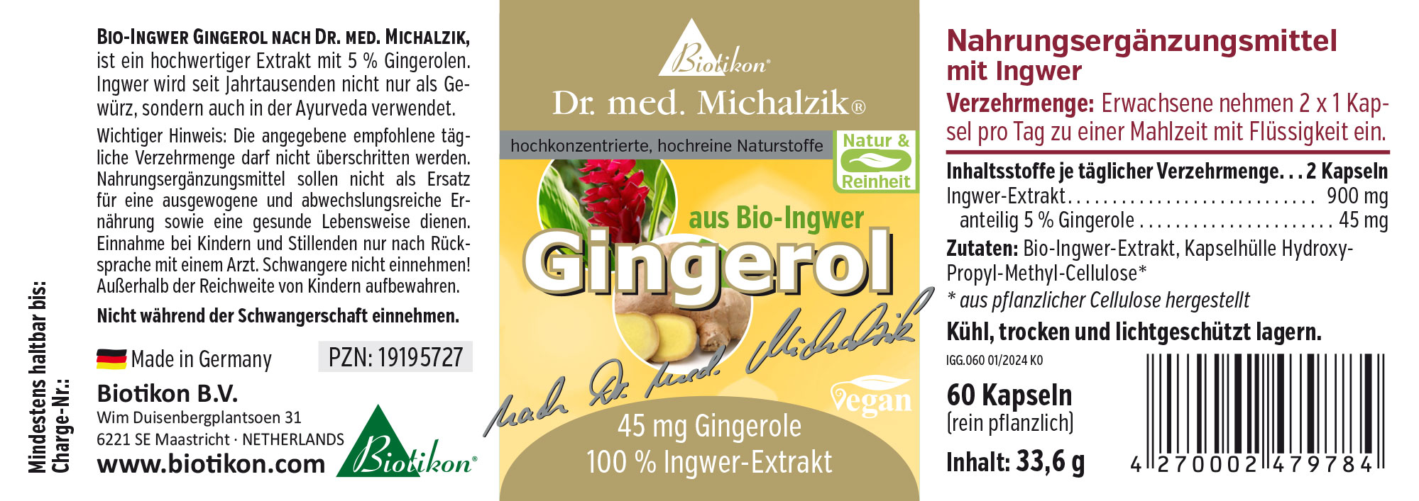 60 Kapseln mit 900 mg Ingwer-Extrakt und 45 mg Gingerolen, gelbe Verpackung, Vorderansicht.