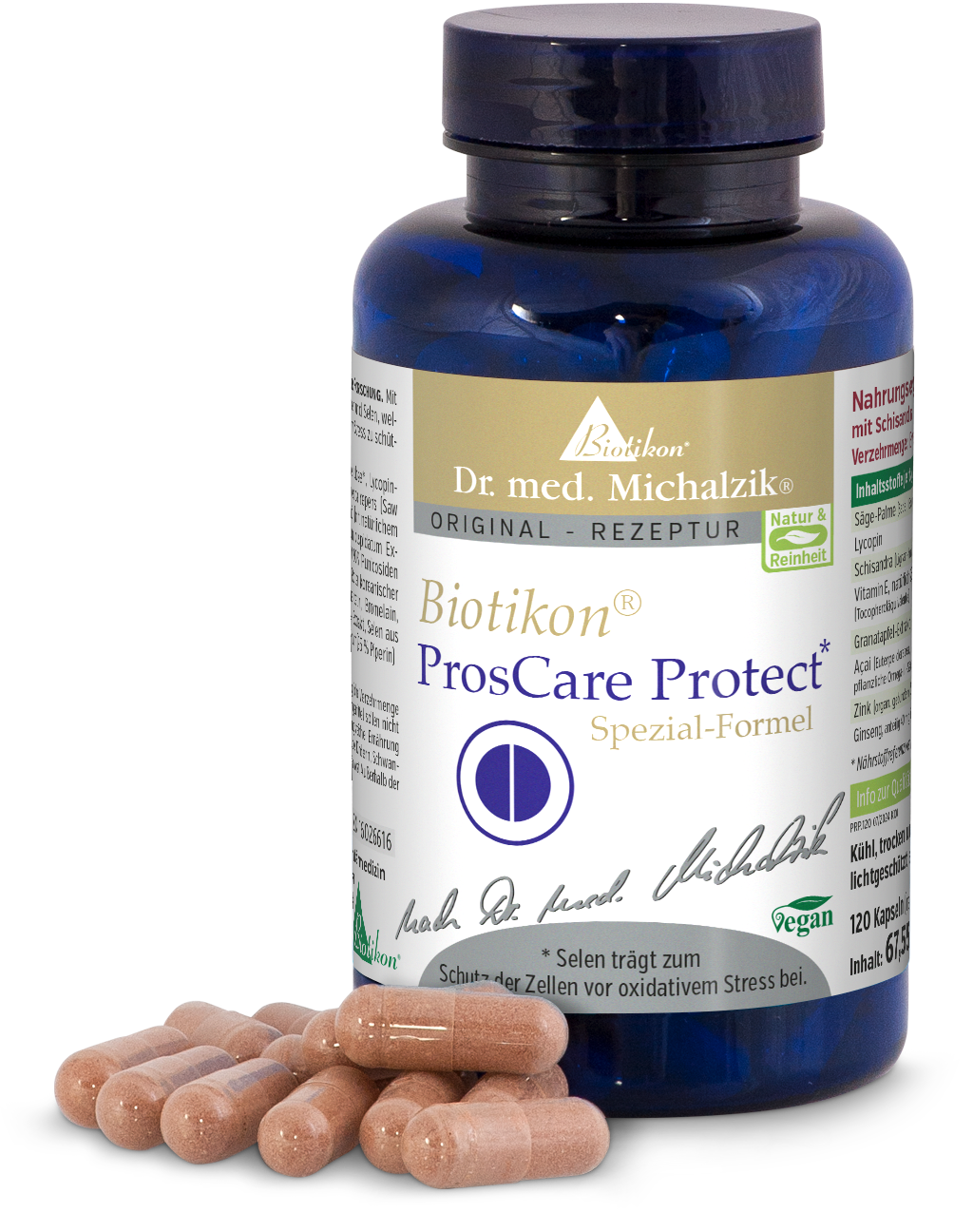 Blaues Fläschchen mit 120 Kapseln, Kapseln in hellem Beige auf weißem Hintergrund.