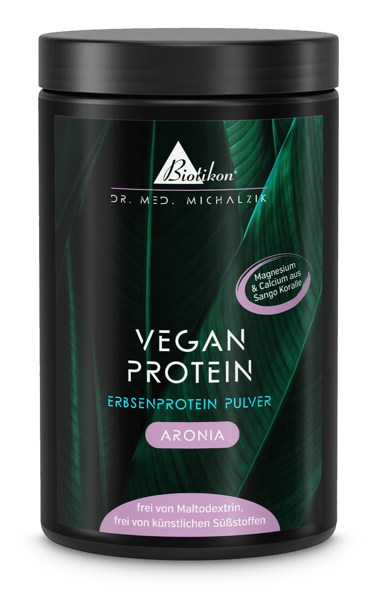 Pflanzenprotein-Pulver Aronia â 500 g WeiĂer BehĂ€lter mit lila Akzent, Pflanzenprotein-Pulver Aronia, 500 g, seitliche Ansicht.