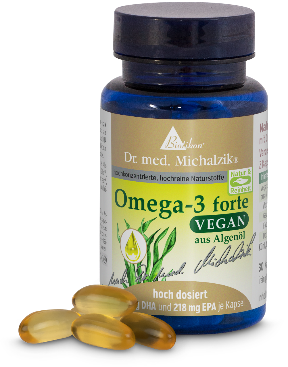 Schwarze Kapsel-Flasche mit 30 veganen Omega-3 Kapseln aus Algenöl, farbig und hochwertig gestaltet.