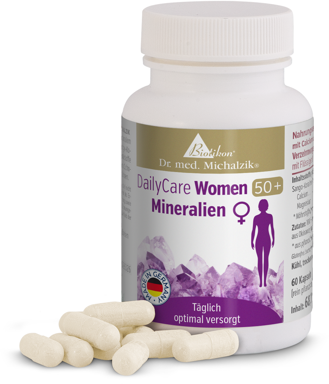 Flasche mit 60 weißen Kapseln, DailyCare Women 50+, Mineralien, aus verschiedenen Perspektiven.