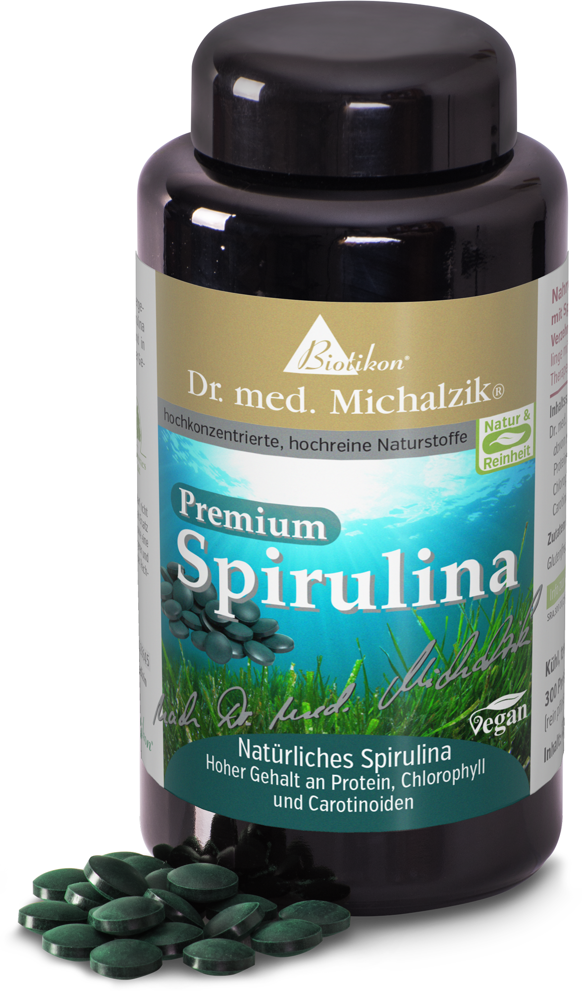 Premium Spirulina in einem schwarzen Behälter, 300 grüne Tabletten sichtbar, vegane Formel.