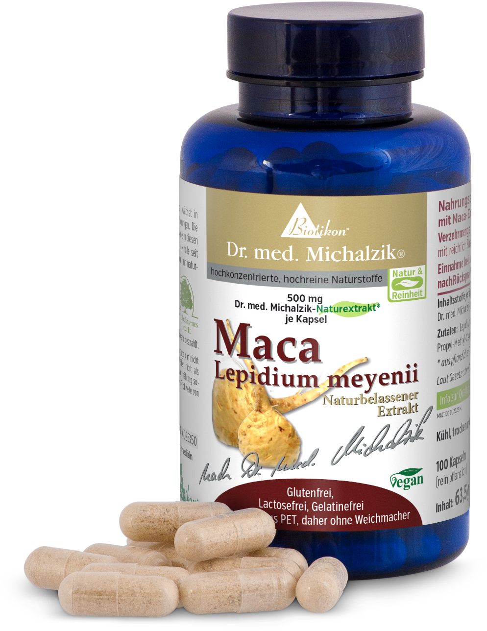 Maca Lepidium meyenii – 500 mg Kapseln Blaue Flasche mit 100 Kapseln Maca Extrakt, 500 mg, transparente Kapseln, auf weißem Hintergrund.