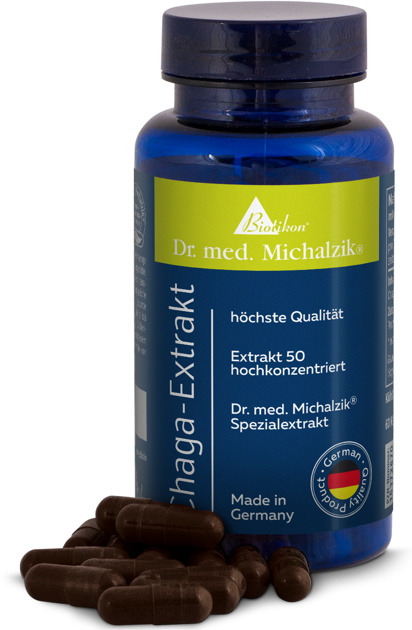 Chaga-Extrakt in blauer Flasche mit 60 Kapseln, braune Kapseln liegen daneben.