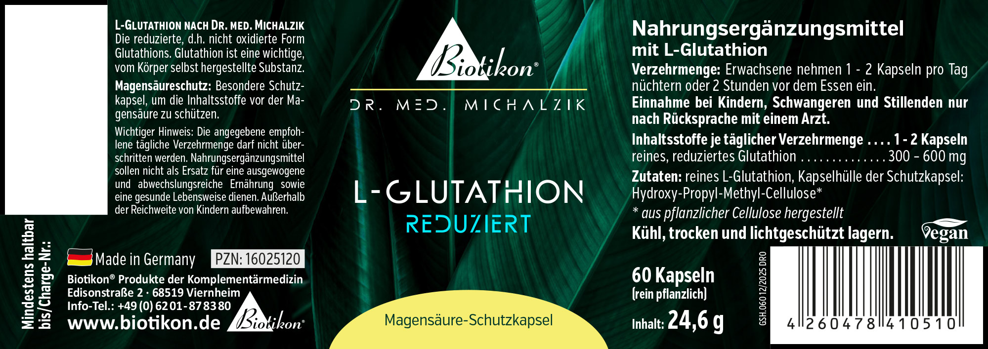 L-Glutathion Nahrungsergänzungsmittel in Kapseln, 60 Stück, vegane Magensäure-Schutzkapseln, Verpackung in deutscher Sprache.