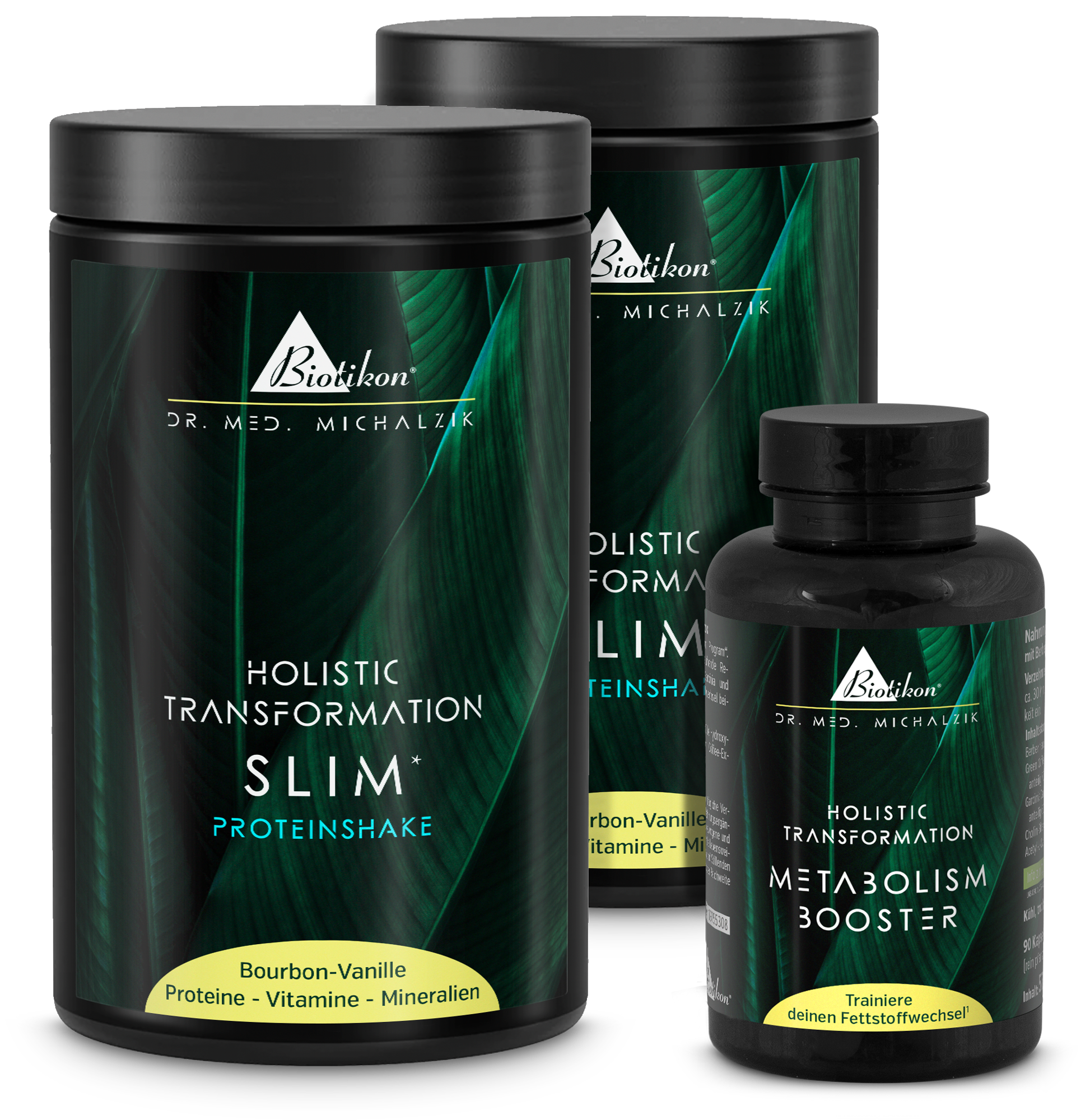Slim Shake 600 g – Bourbon-Vanille Holistic Transformation Slim Shake in schwarzem Behälter, 600 g, Geschmack Bourbon-Vanille, daneben Metabolism Booster in Kapseln.