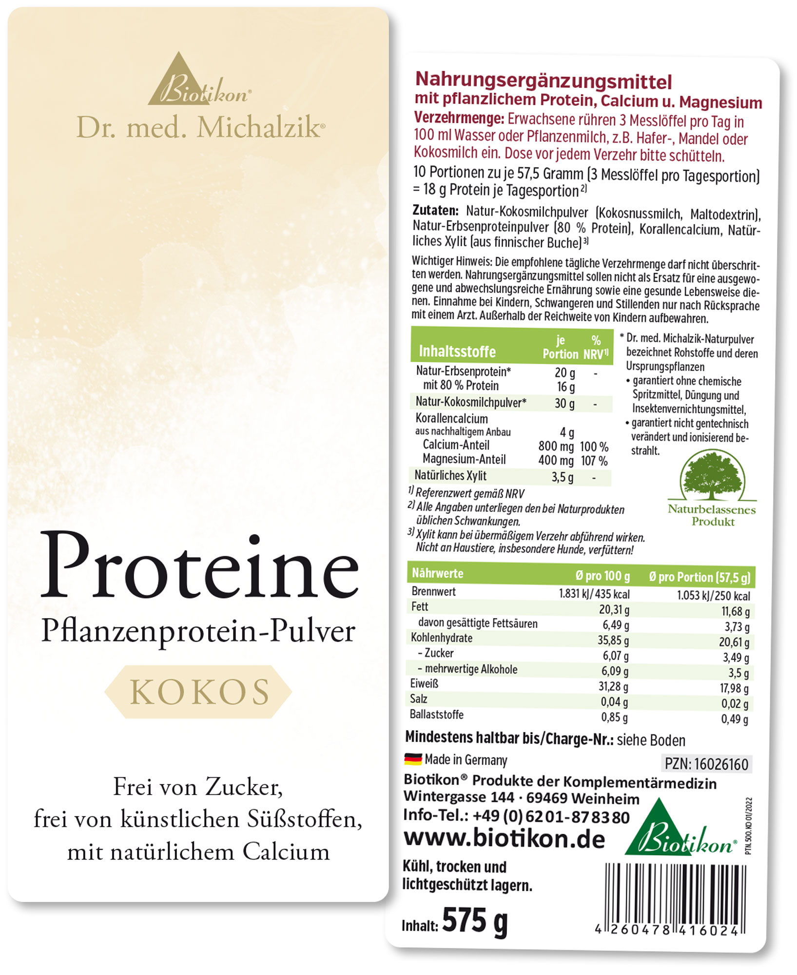 Pflanzenprotein-Pulver in einer weißen Verpackung, 575 g, mit Kokosgeschmack, sichtbar sind Nährwerte und Zutaten.