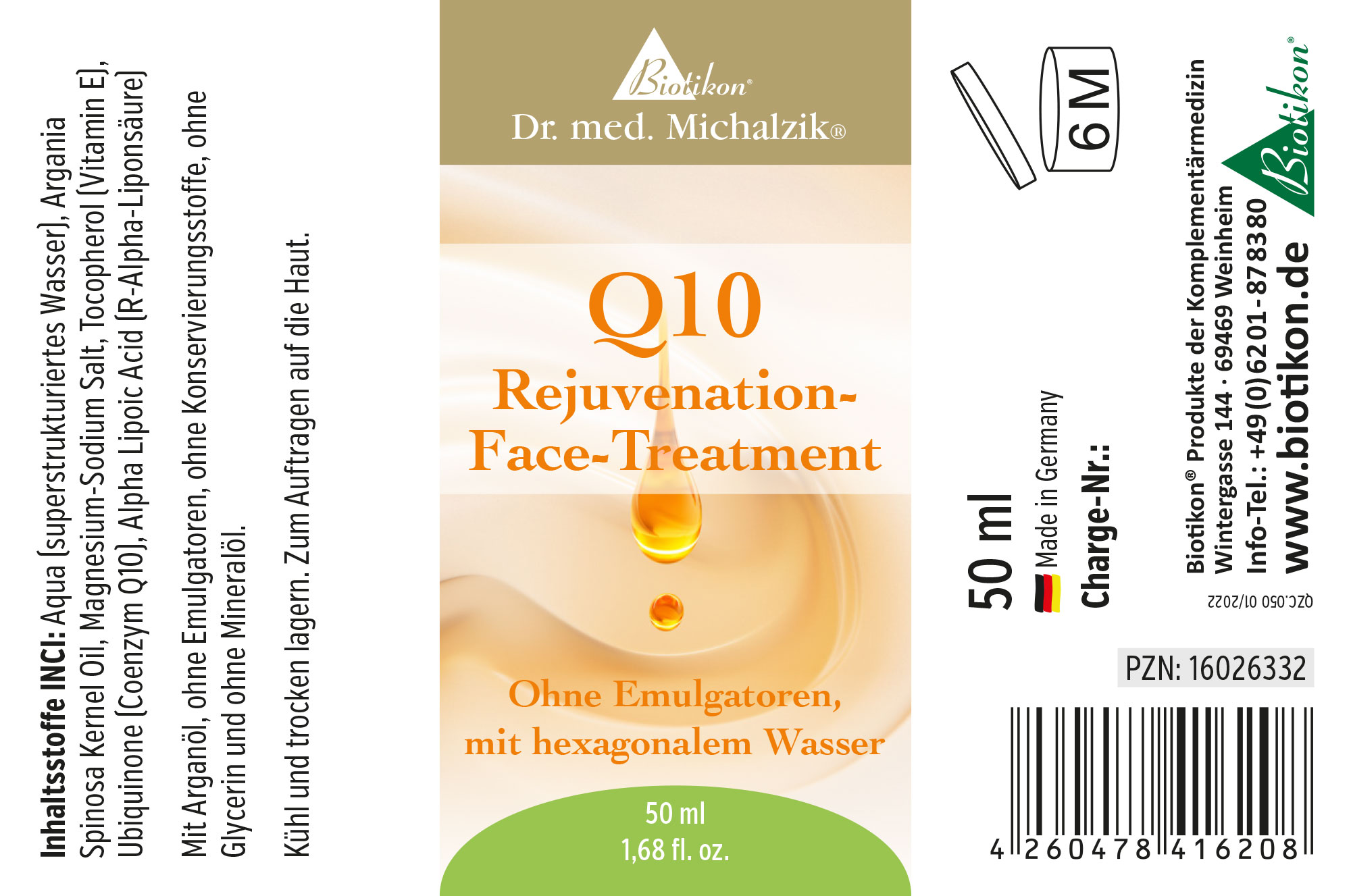 50 ml Flasche mit Q10 Rejuvenation Face Treatment, transparente Verpackung, helle Farbe.