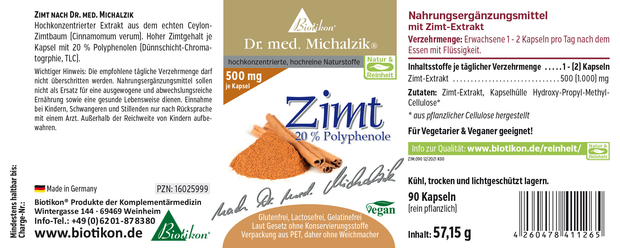 Nahrungsergänzungsmittel mit Zimt-Extrakt, 90 Kapseln in einer lichtgeschützten Verpackung, vegan und aus pflanzlichen Zutaten.