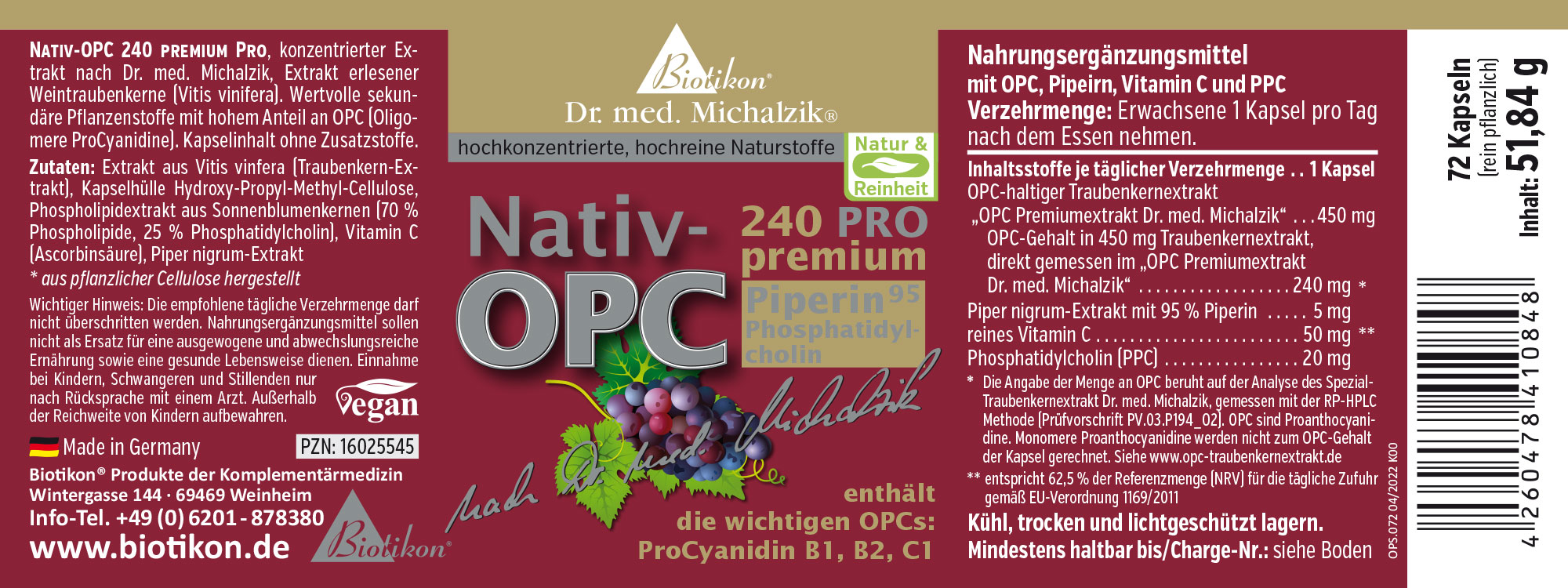 Nativ-OPC 240 pro, 72 vegane Kapseln, braune Verpackung, mit Traubenkernextrakt, Vitamin C und Piperin.