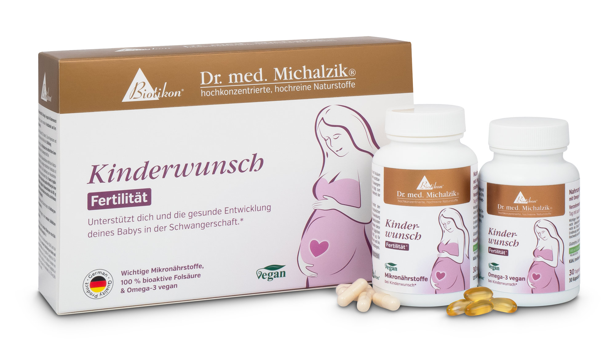 Verpackung von Kinderwunsch Nahrungsergänzung, zwei Flaschen mit Kapseln, eine mit Gelkapseln, vegane Formel, Vorderansicht