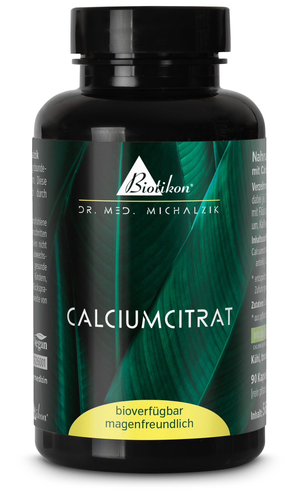 Schwarze Flasche mit 90 veganen Calciumcitrat-Kapseln, magenfreundlich, Produktdetails auf dem Etikett.