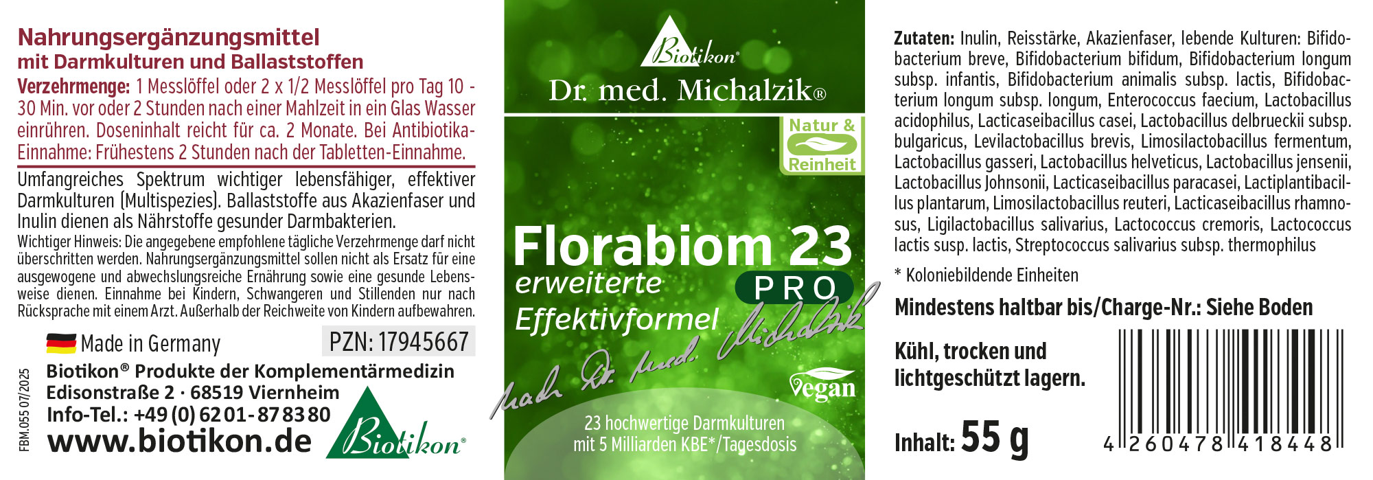 Nahrungsergänzungsmittel in grünem Verpackungsdesign, 55 g, Pulver zur Einnahme mit Wasser, hergestellt in Deutschland.