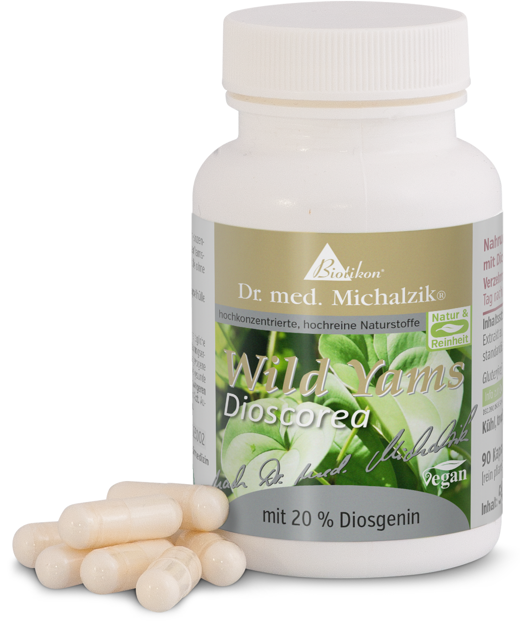 Flasche mit 90 weißen Kapseln, Nahrungsergänzungsmittel mit Wild Yams, vegane Kapseln, mit 20 % Diosgenin.