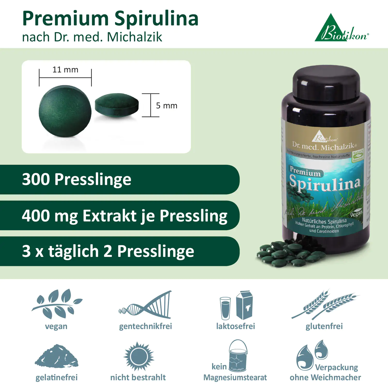 Flasche mit 300 Presslingen Premium Spirulina, je 400 mg, grün, vegan, seitliche Ansicht.