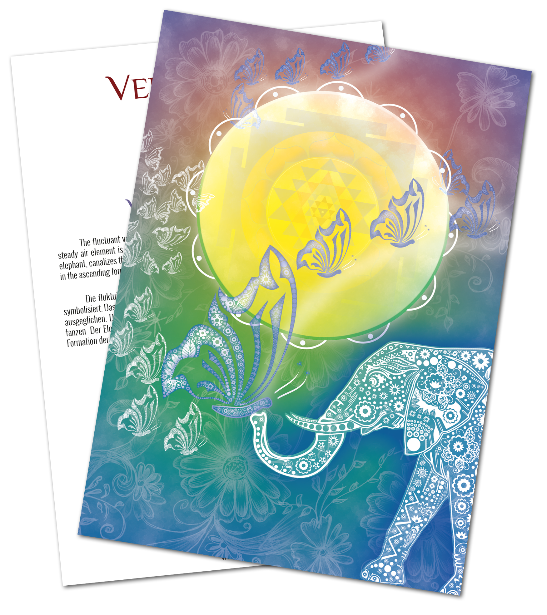 Farbiger Kunstprint eines Elefanten mit Butterfliegen, A2 Format, dekorative Blumenmuster, helle Farben.