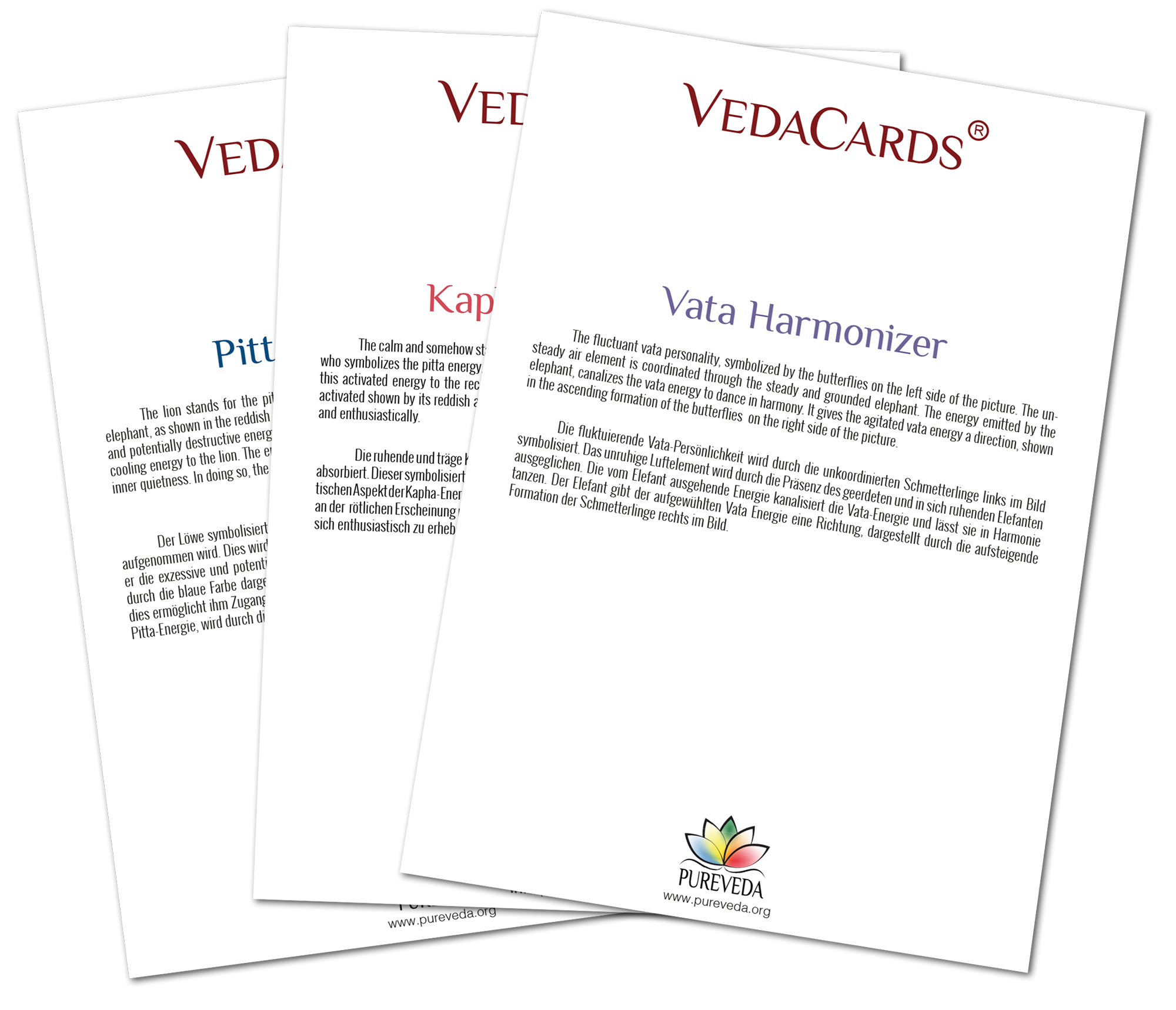 Set von VedaCards mit Informationen zu Vata, Pitt und Kapha, farblich gestaltet, in einer Übersicht.