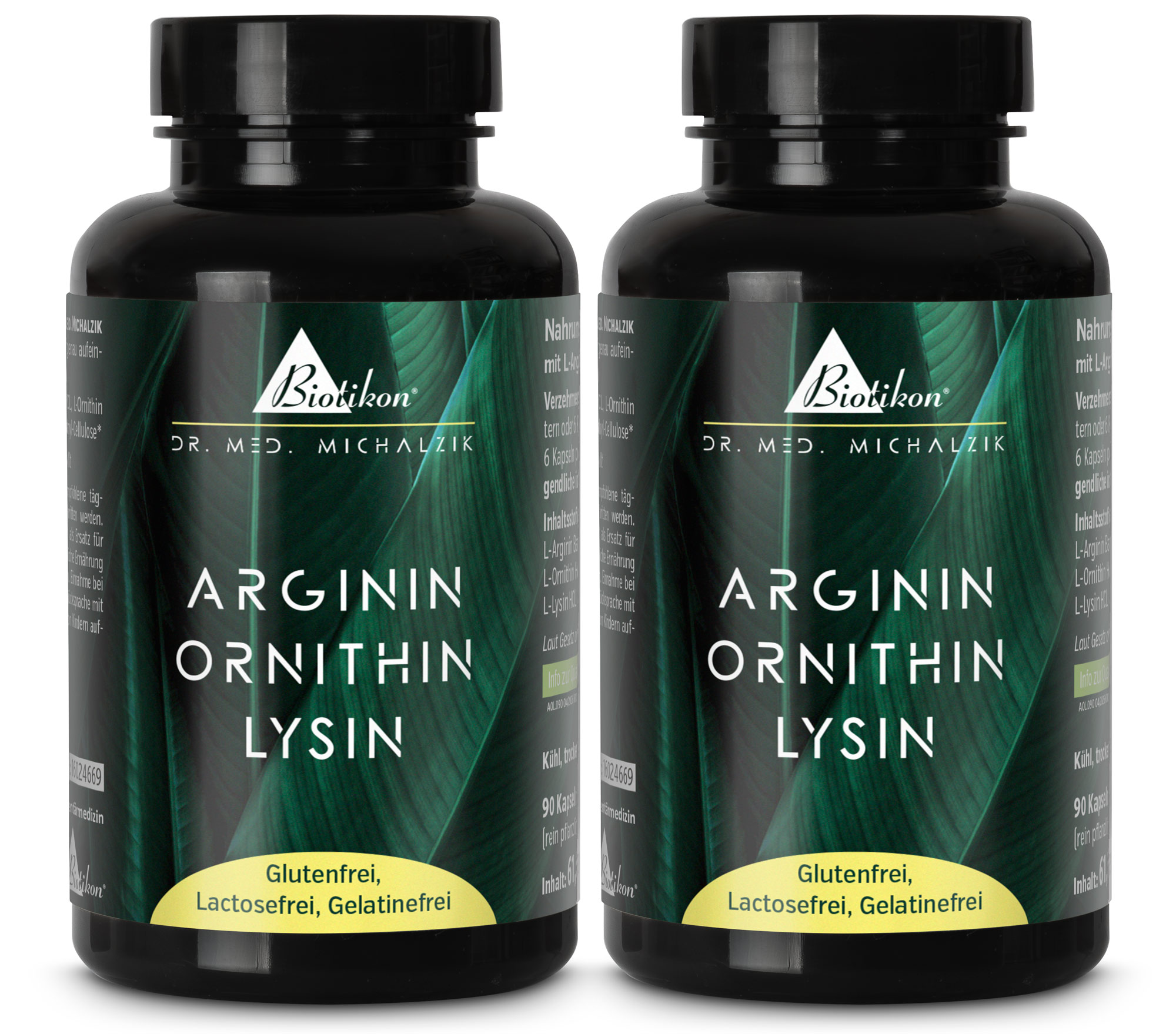 Arginin Ornithin Lysin – 90 Kapseln Zwei blaue Flaschen mit 90 Kapseln Arginin Ornithin Lysin, glutenfrei, in PET-Verpackung.