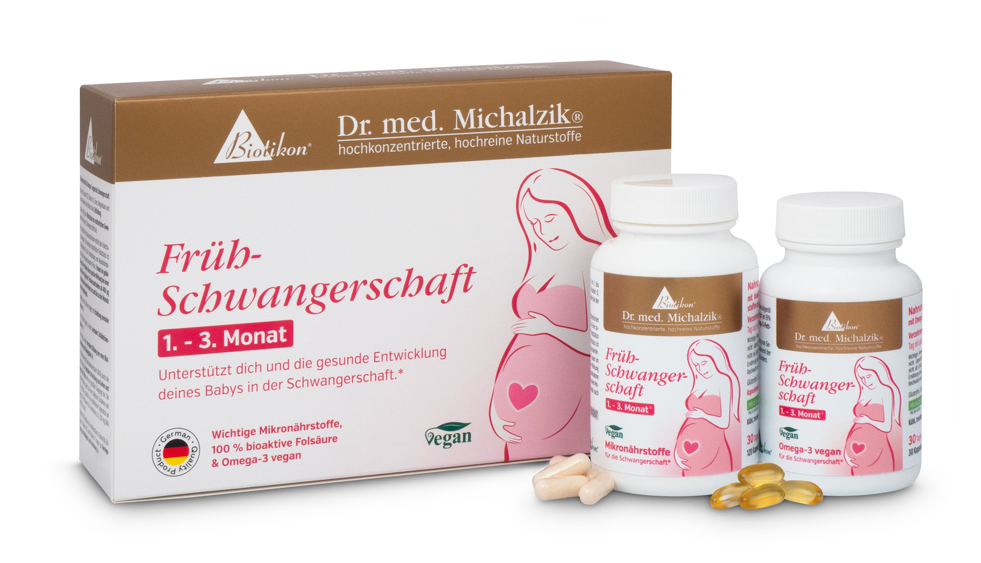 Verpackung mit zwei Flaschen für Frühschwangerschaft, 30 Kapseln, vegan, helles Design, seitliche Perspektive.