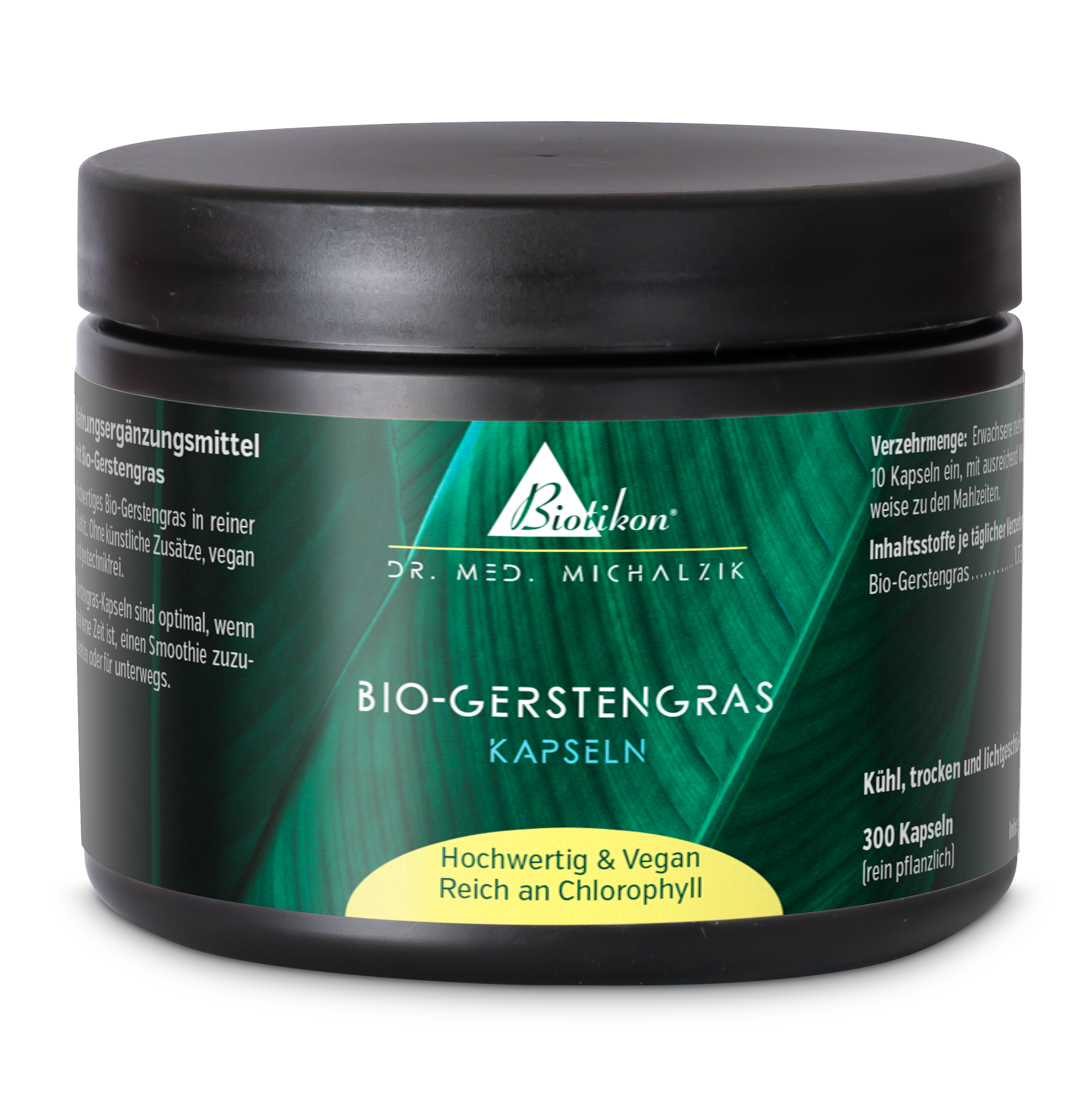 Bio-Gerstengras Kapseln – 300 Stück Bio-Gerstengras Kapseln in schwarzer Dose, 300 Stück, vegan, chlorophyllreich.
