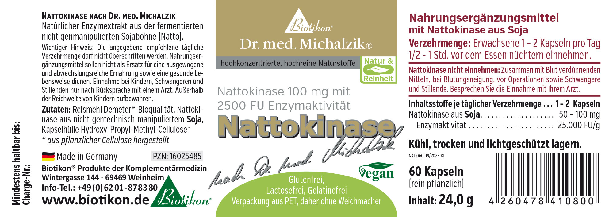 Nahrungsergänzungsmittel Nattokinase aus Soja, 60 Kapseln in PET-Verpackung, vegan, hochwertig.