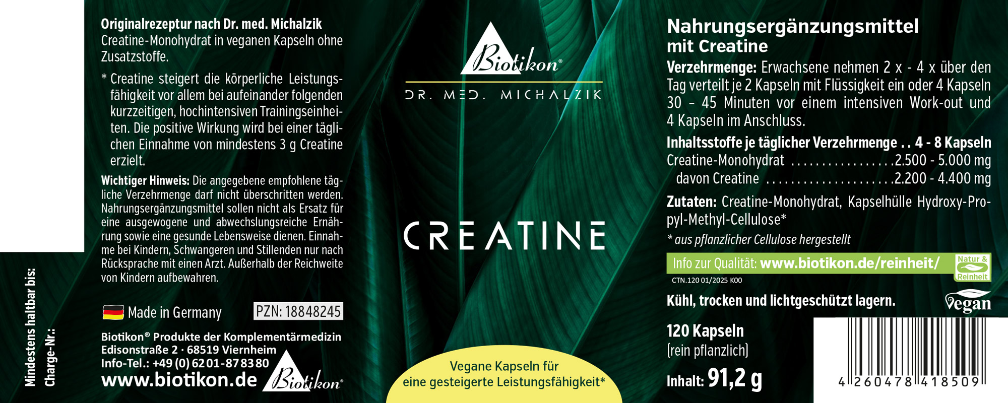 Vegane Kapseln mit Creatine-Monohydrat, 120 Stück, in grüner Verpackung.