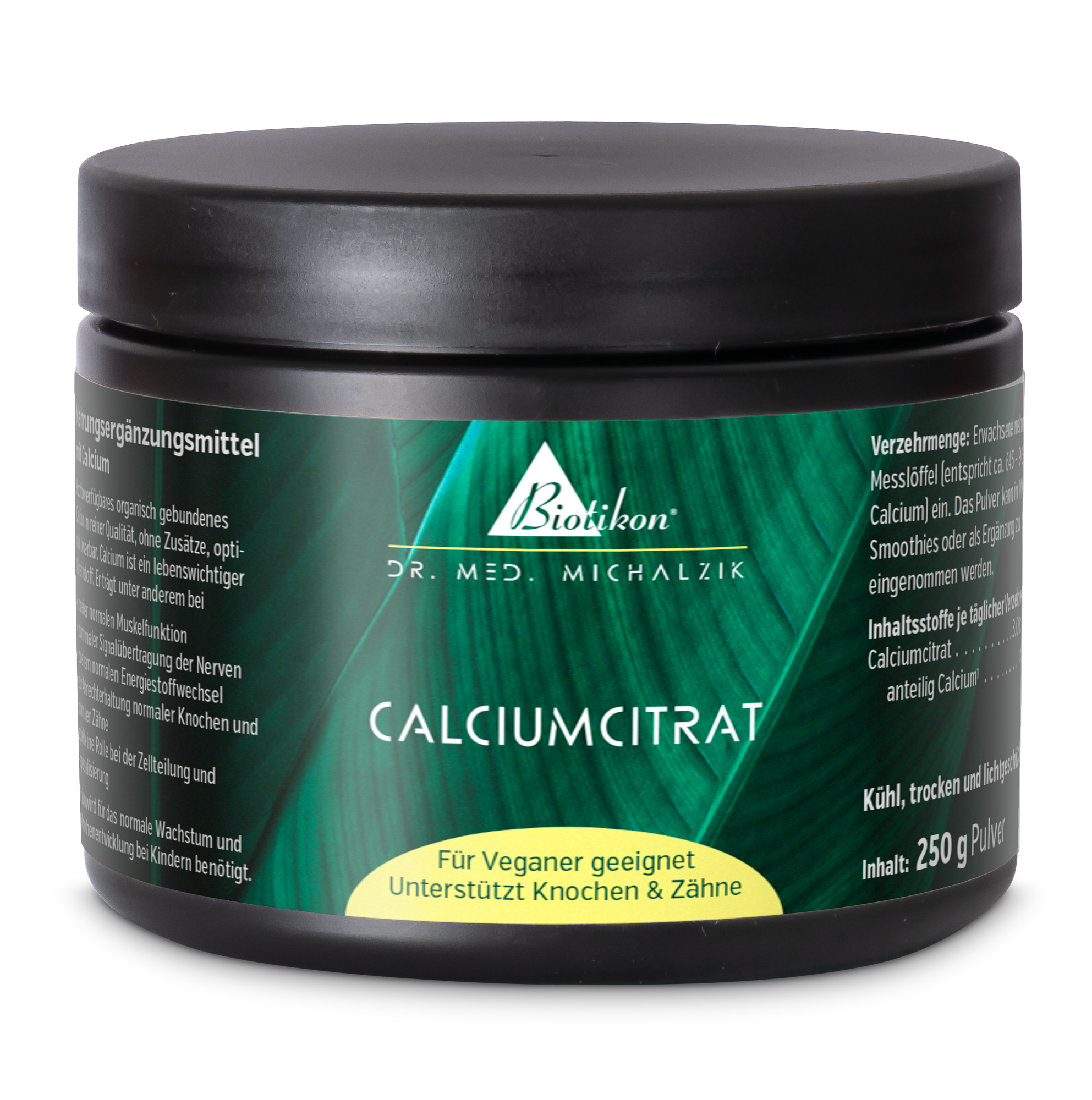 Calciumcitrat in schwarzer Dose, 250 g Pulver, für Veganer geeignet, kühl und trocken lagern.