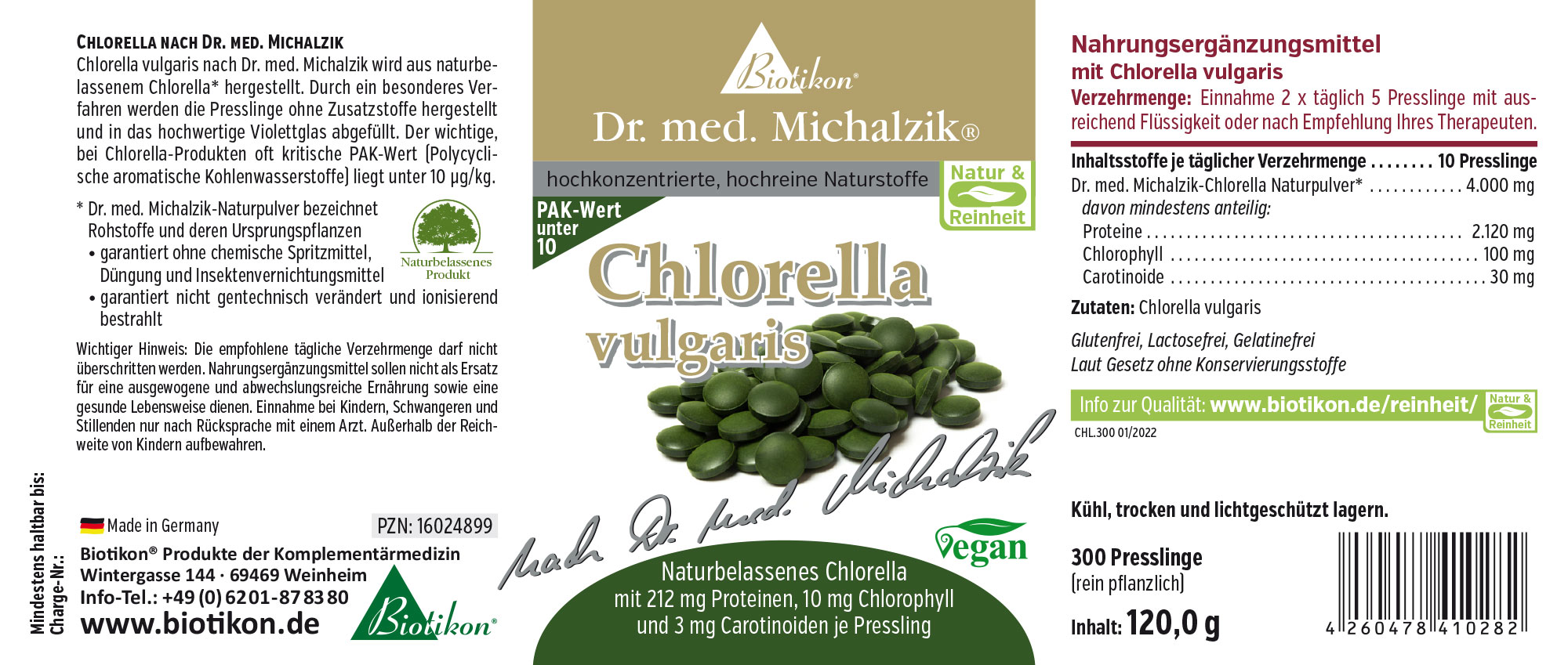 Nahrungsergänzungsmittel Chlorella vulgaris in 300 Presslingen, grüne Farbe, 120 g, Pflanzenbasierte Formel.