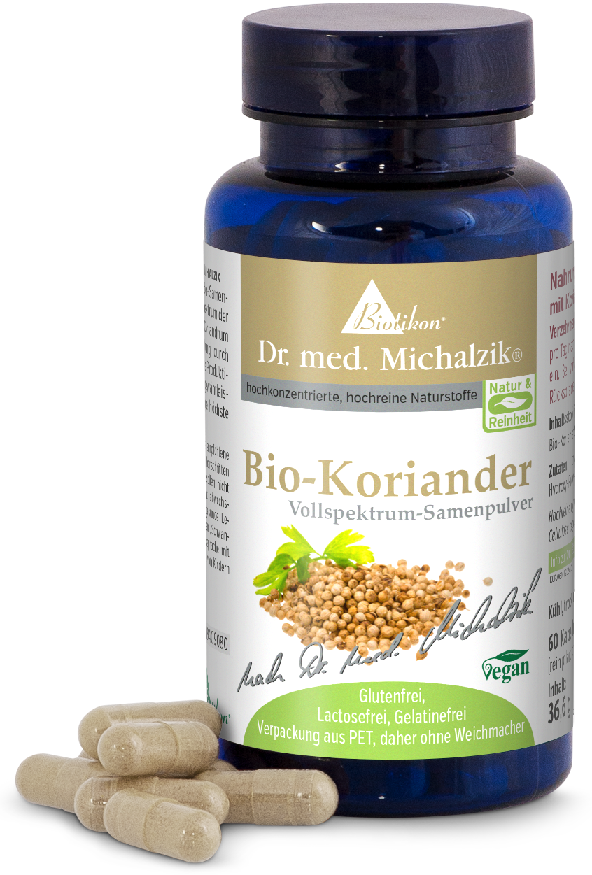 Vollspektrum-Samenpulver Bio-Koriander in blauer Flasche, 60 Kapseln, glutenfrei und vegan.