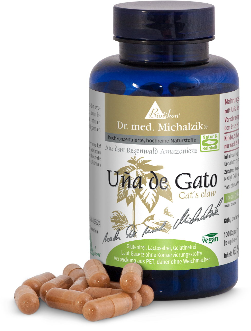 Braune Kapseln in einer blauen Flasche, 100 Kapseln, vegane Zutaten, ohne Zusatzstoffe.