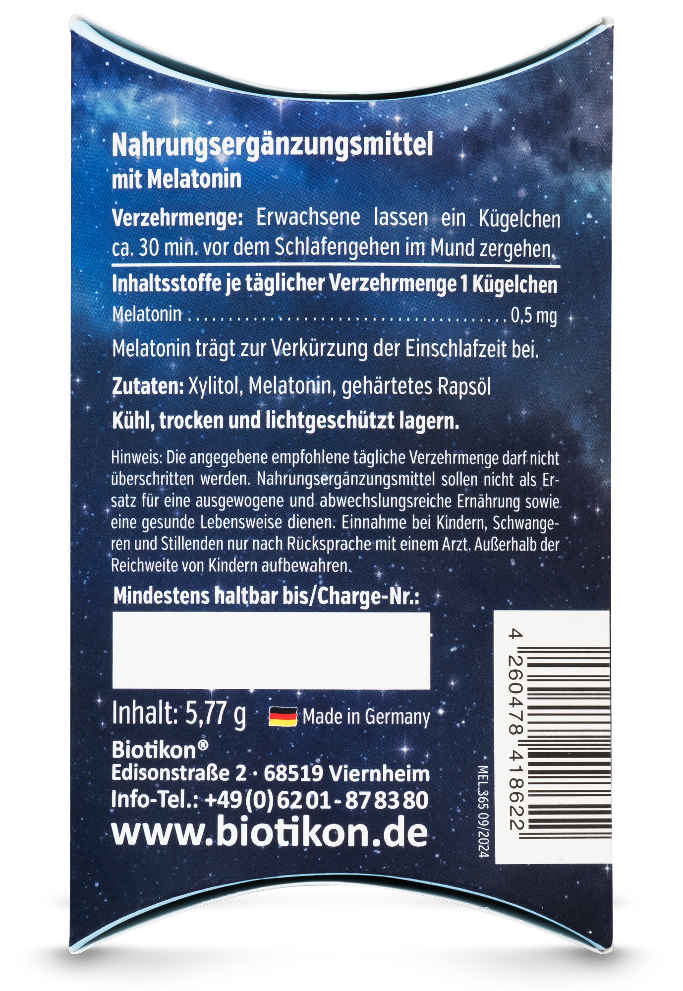 Nahrungsergänzungsmittel mit Melatonin, 5,77 g Packung, Blau mit Sternenhimmel-Motiv.