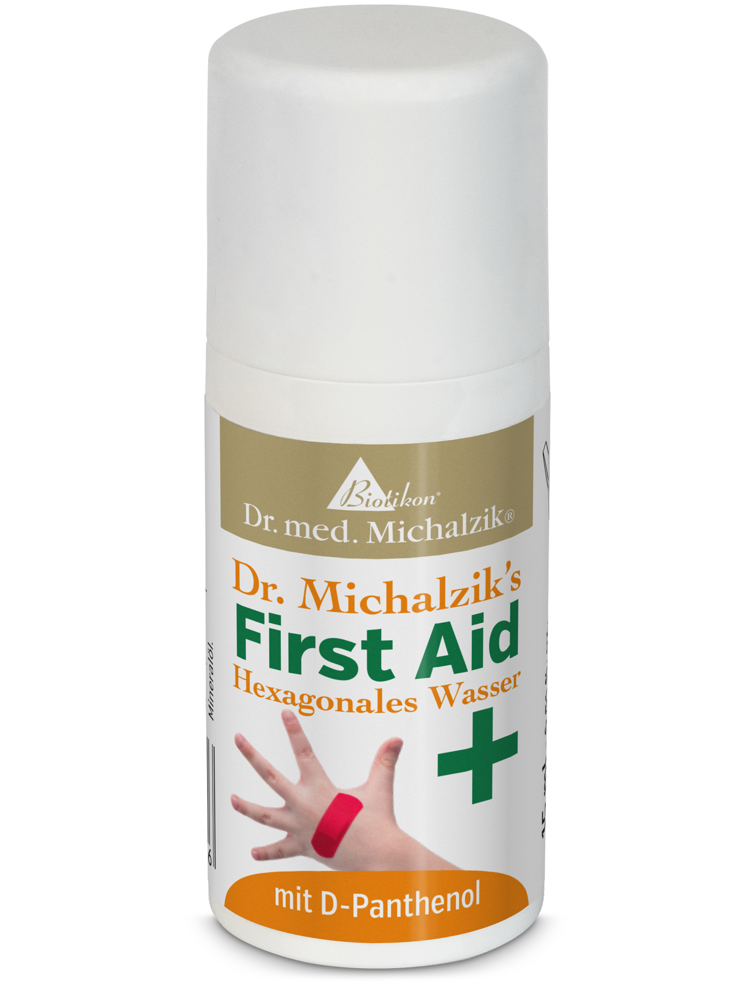 Sprayflasche mit hexagonalem Wasser, 100 ml, rechteckige Form, weißer Deckel, orange und grüne Schrift.