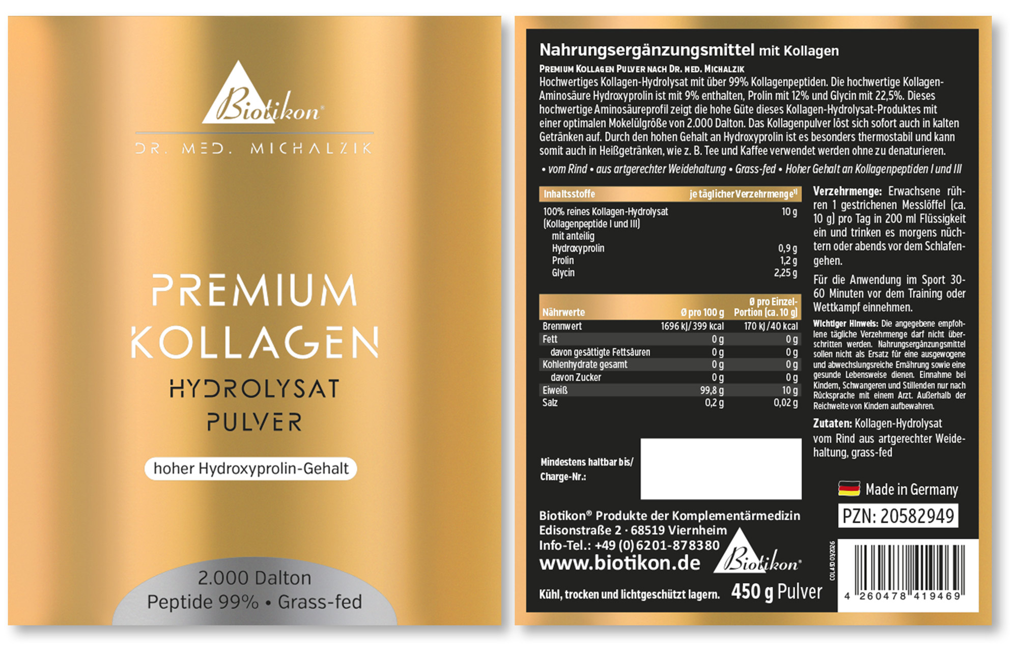 Premium Kollagen Hydrolysat Pulver Abbildung des Etiketts Vorder- und Rückseite