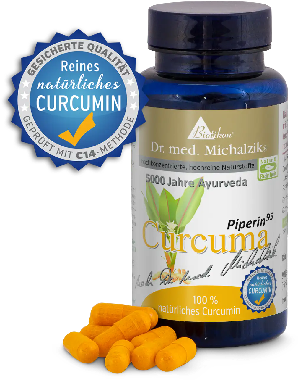 Flasche mit 100 Kapseln aus natürlichem Curcumin, orangefarbene Kapseln, Seitenansicht.