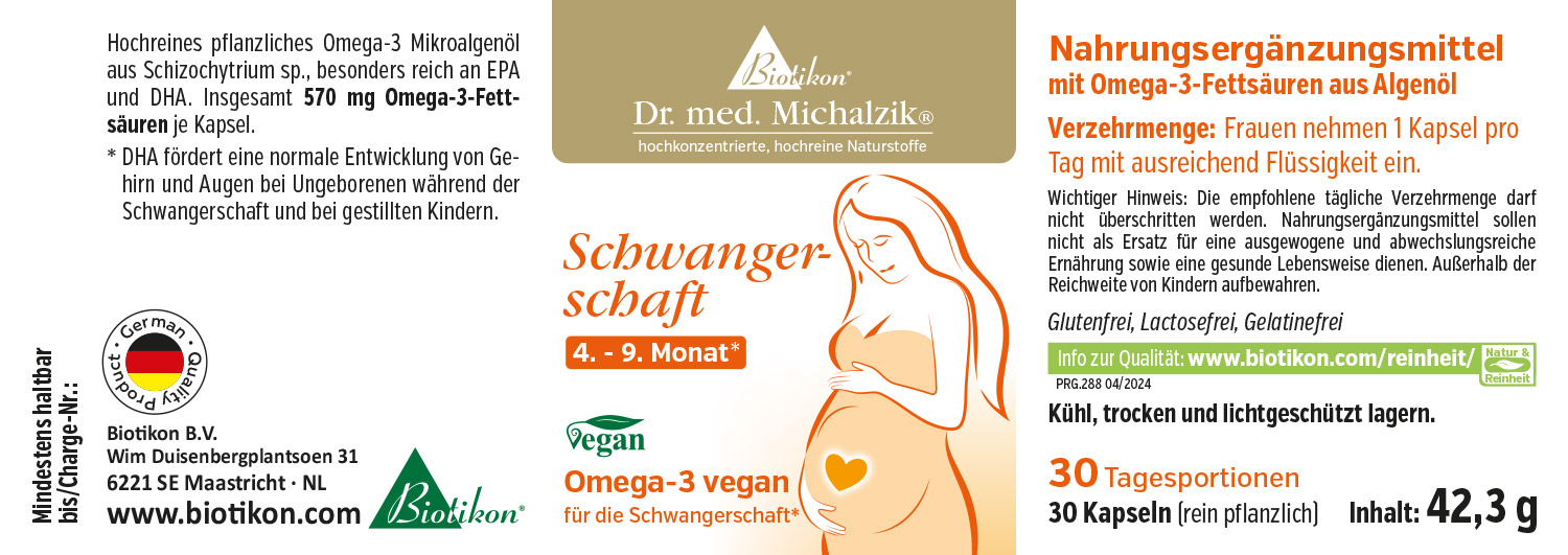 Nahrungsergänzungsmittel in Form von Kapseln, 30 Stück, vegan, mit hochreinem Omega-3 aus Algenöl, Verpackung in bunten Farben.