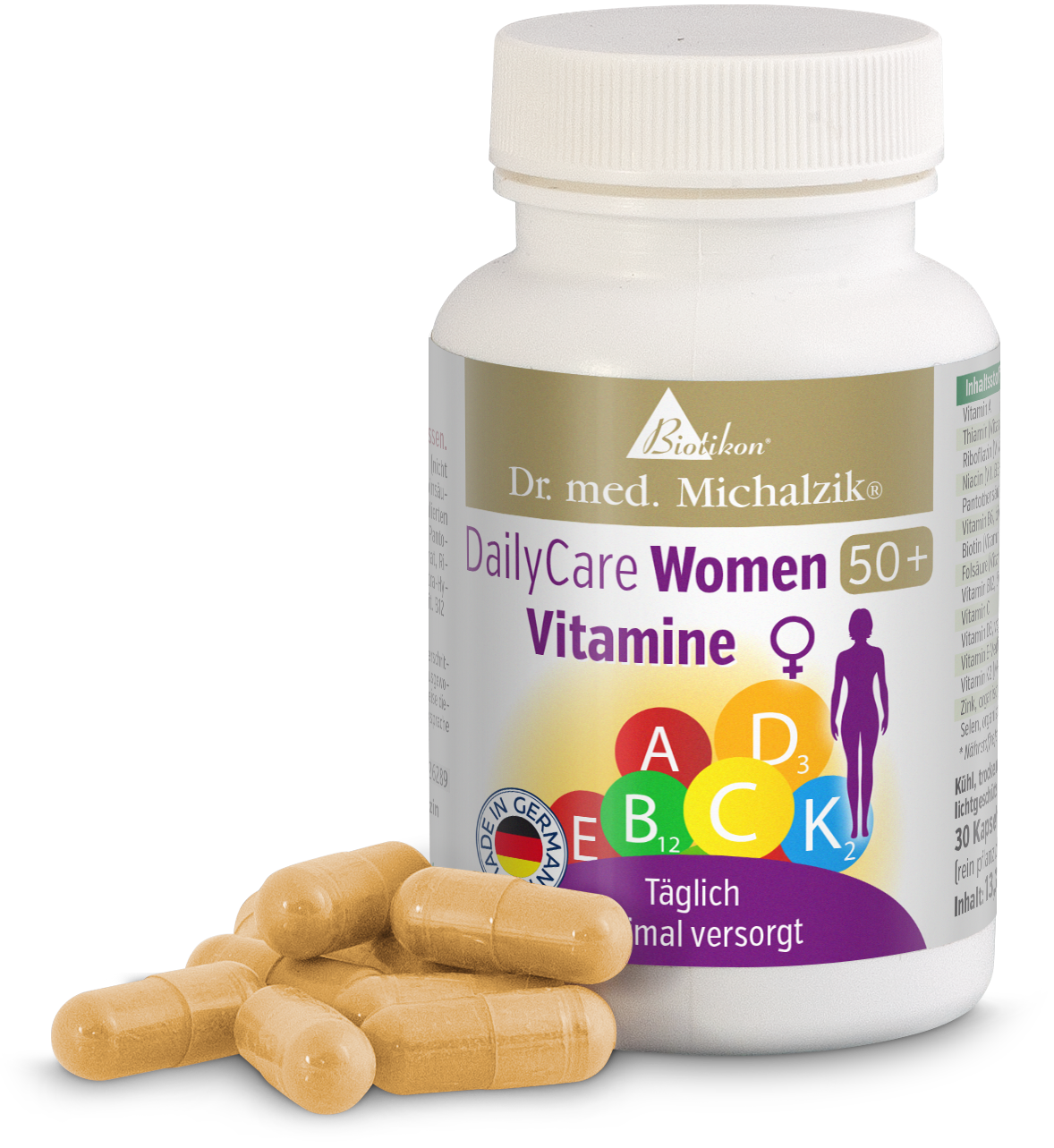 Multivitamine 50+ – Kapseln Multivitaminkapseln für Frauen 50+, 30 Stück, in hellem Becher auf weißem Hintergrund.