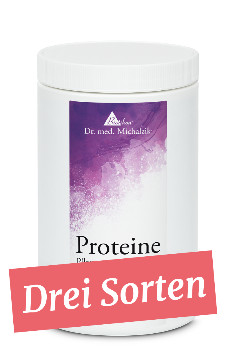 Weißer Behälter mit lila Design, Proteinpulver, 500 g, drei verschiedene Sorten.