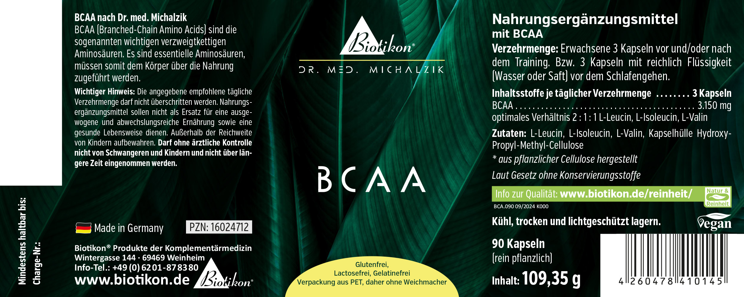 BCAA Nahrungsergänzungsmittel, 90 vegane Kapseln, grüne Verpackung, seitliche Sicht