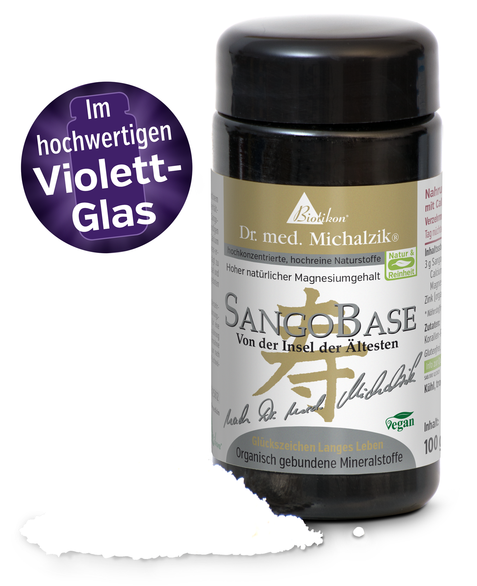 SangoBase in schwarzem Glasbehälter, 100 g, organisch gebundene Mineralstoffe, vegan.