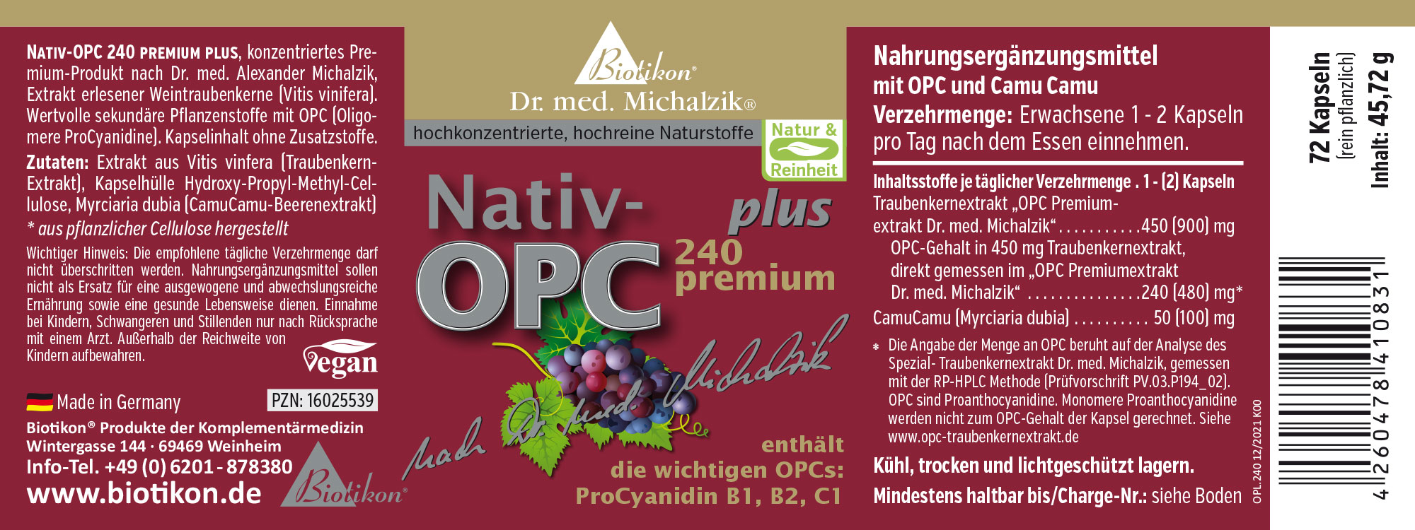 Nativ-OPC 240 mg Kapseln, 72 Stück, rot-violette Verpackung, Vorderansicht