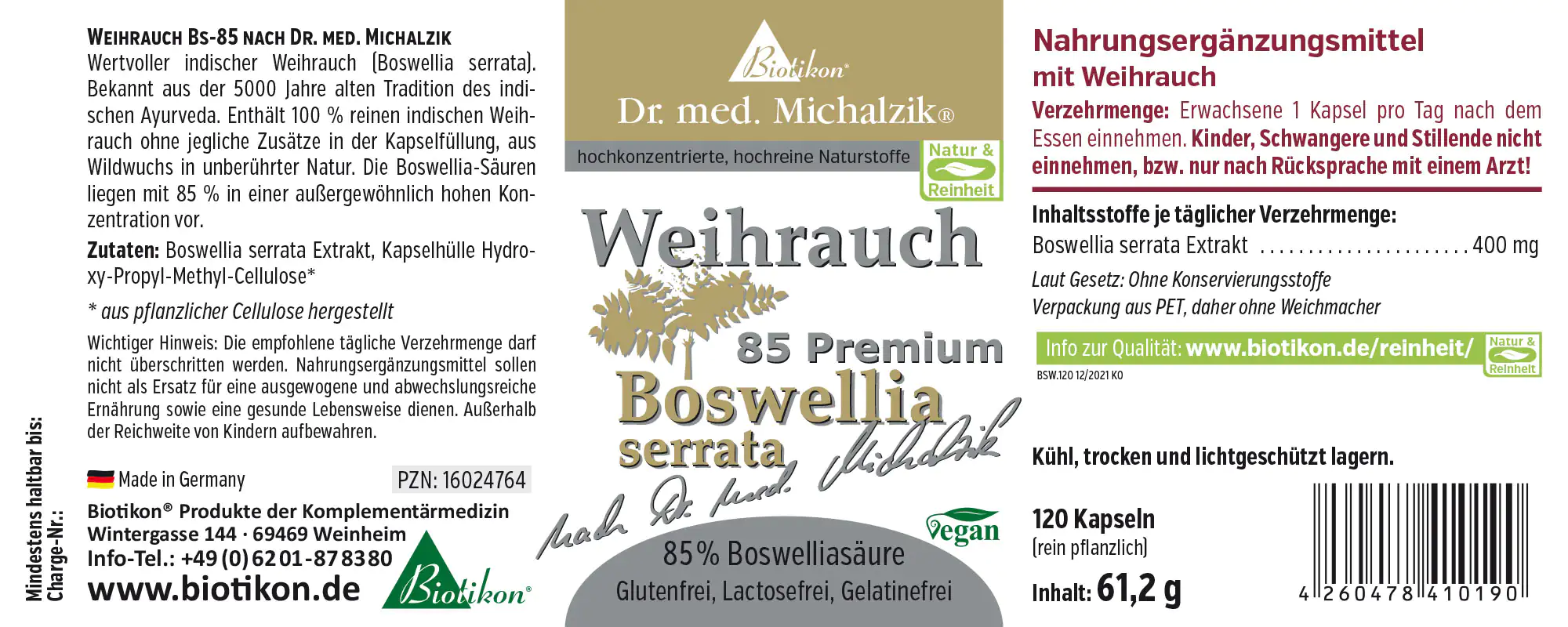 Weihrauch Nahrungsergänzungsmittel in Kapseln, 120 Kapseln, Verpackung aus PET, vegan, glutenfrei.