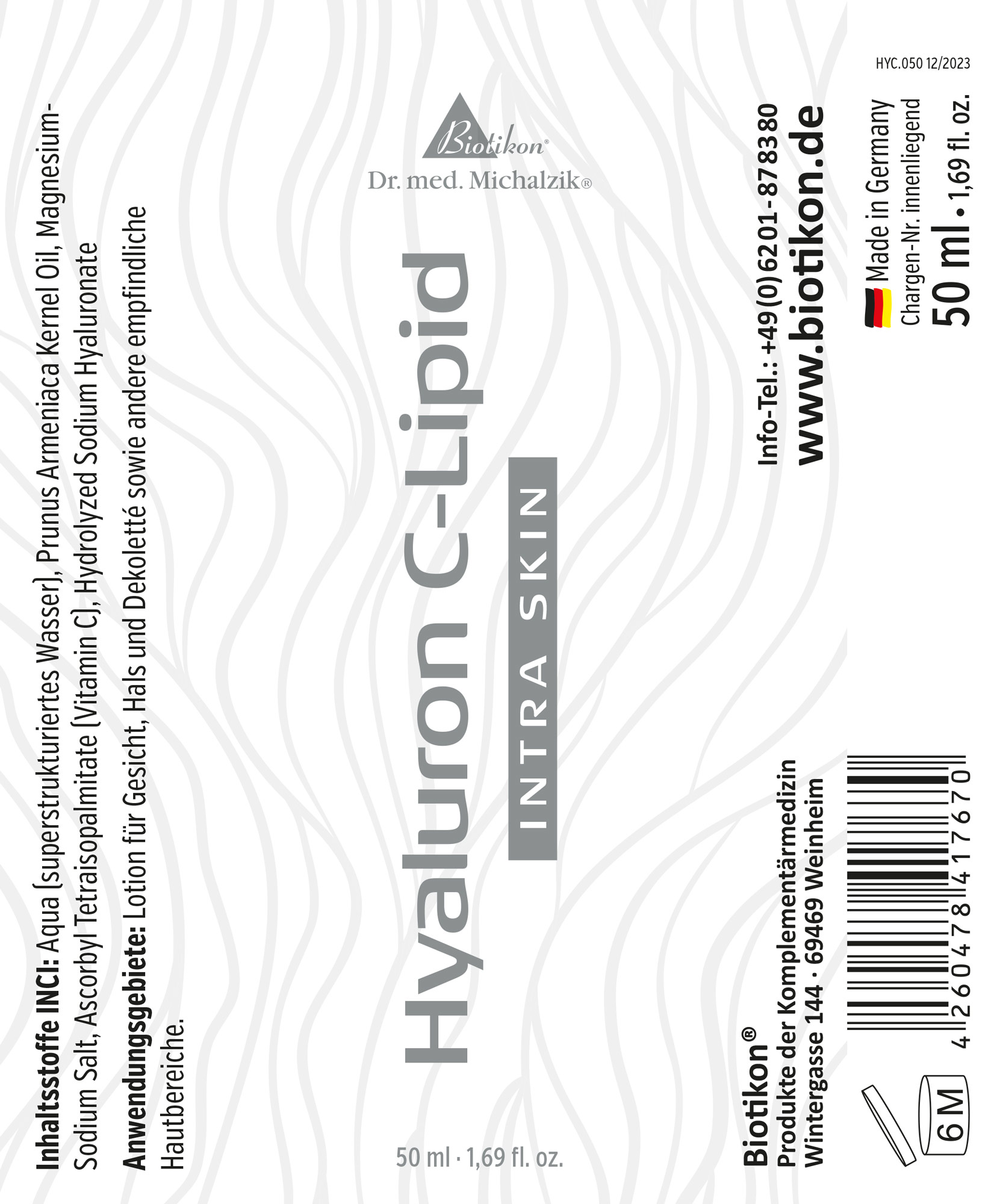 Hyaluron C-Lipid Lotion in einer 50 ml Flasche, hellgrau mit dekorativen Wellenmustern.