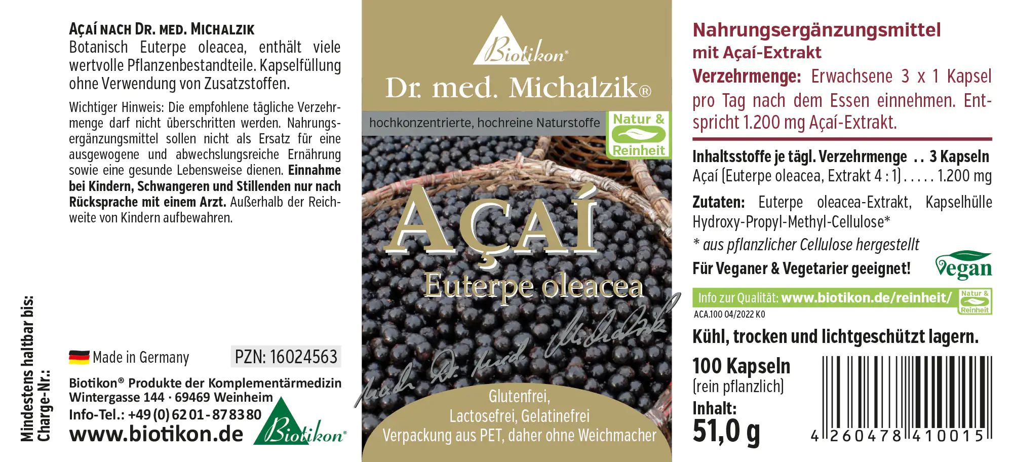 Açaí Kapseln, 100 Stück, schwarze Kapseln in PET-Verpackung, Vorderansicht mit Inhaltsinformationen.