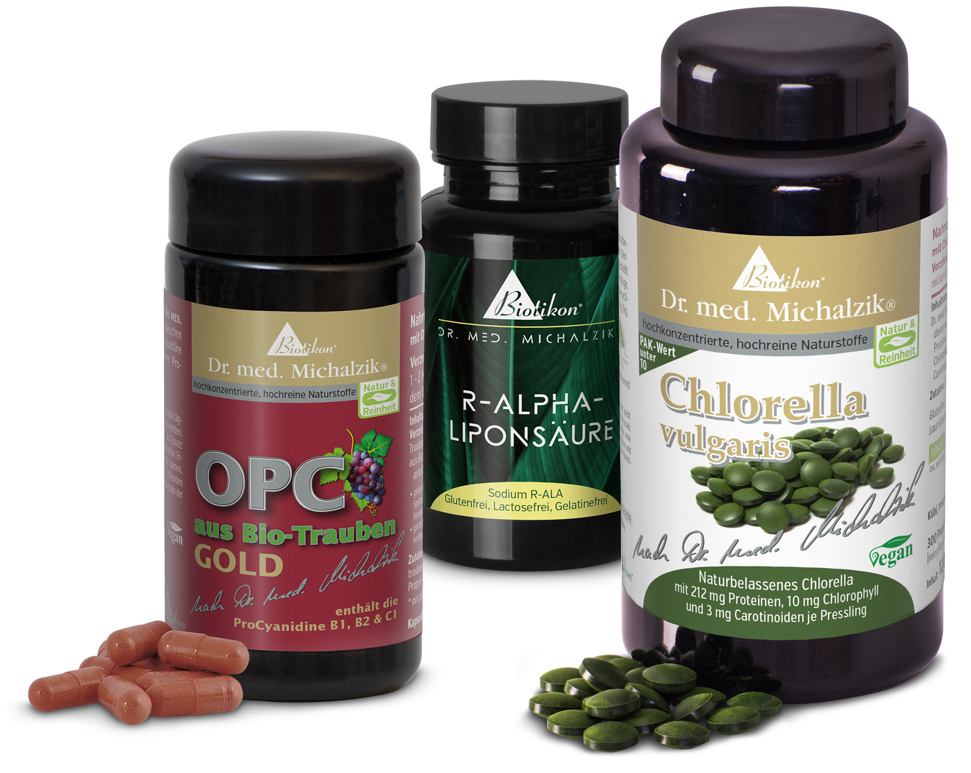 Bilder der Dosen und Kapseln + Tabletten aus dem BIOTOX-Kurprogramm: R-Alpha-Liponsäure, OPC aus Bio-Trauben GOLD und Chlorella Bilder der Dosen und Kapseln + Tabletten aus dem BIOTOX-Kurprogramm: R-Alpha-Liponsäure, OPC aus Bio-Trauben GOLD und Chlorella