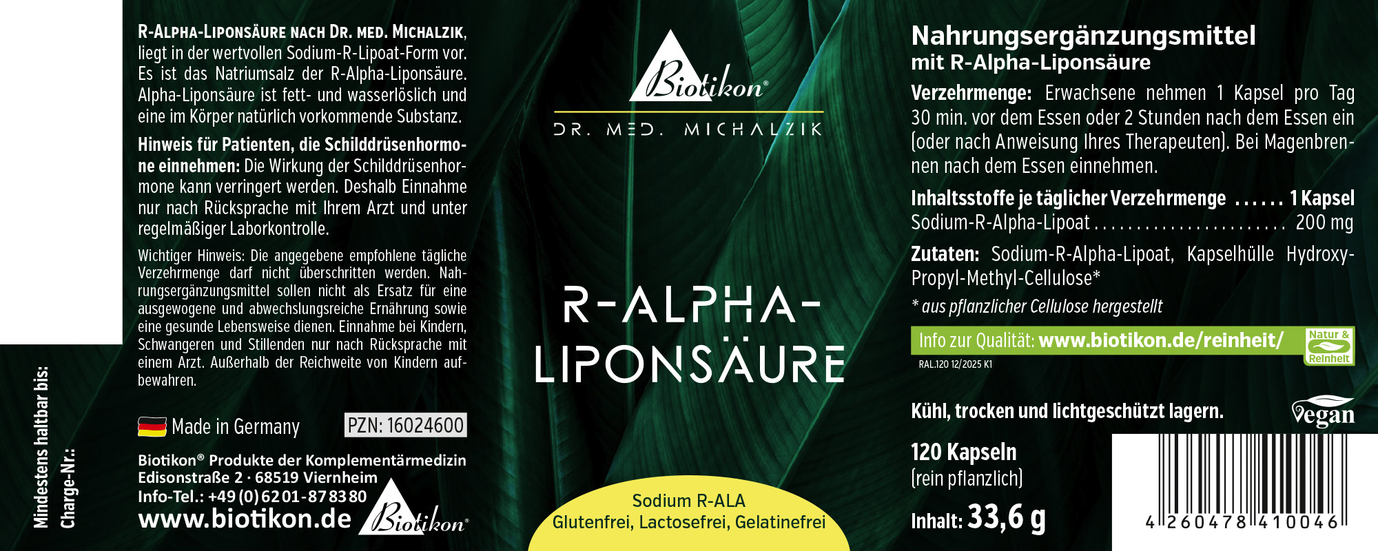 R-Alpha-Liponsäure 200 mg – 120 Kapseln 120 Kapseln R-Alpha-Liponsäure, vegane Verpackung, seitliche Ansicht.