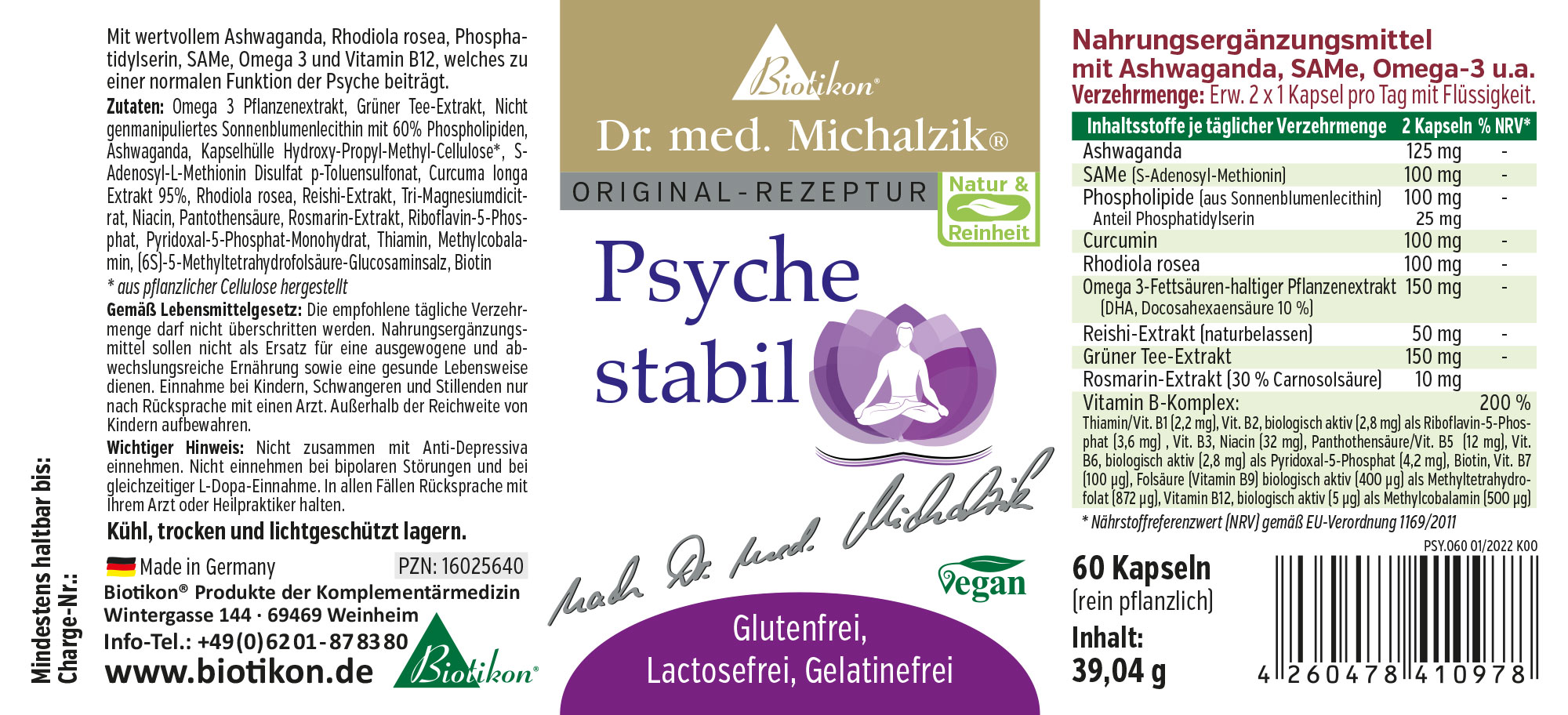 Nahrungsergänzungsmittel in Kapseln, 60 Stück, mit Ashwagandha, Omega 3 und weiteren Inhaltsstoffen, vegan, glutenfrei.