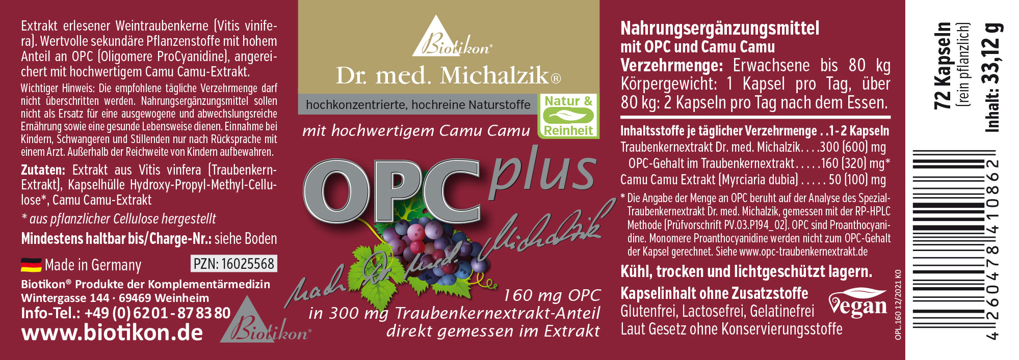 Nahrungsergänzungsmittel mit 160 mg OPC aus Traubenkern, 72 Kapseln, rot und weiß verpackt, Seitenansicht.