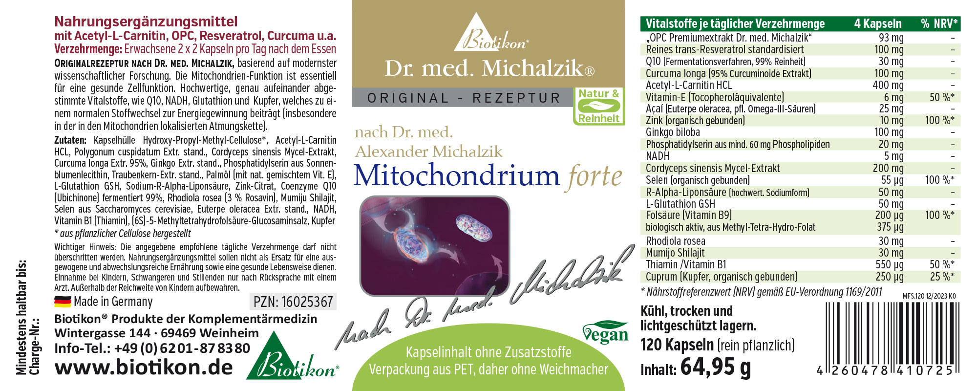 Nahrungsergänzungsmittel in Kapseln, 120 Stück, Verpackung in grün und weiß, vegan.