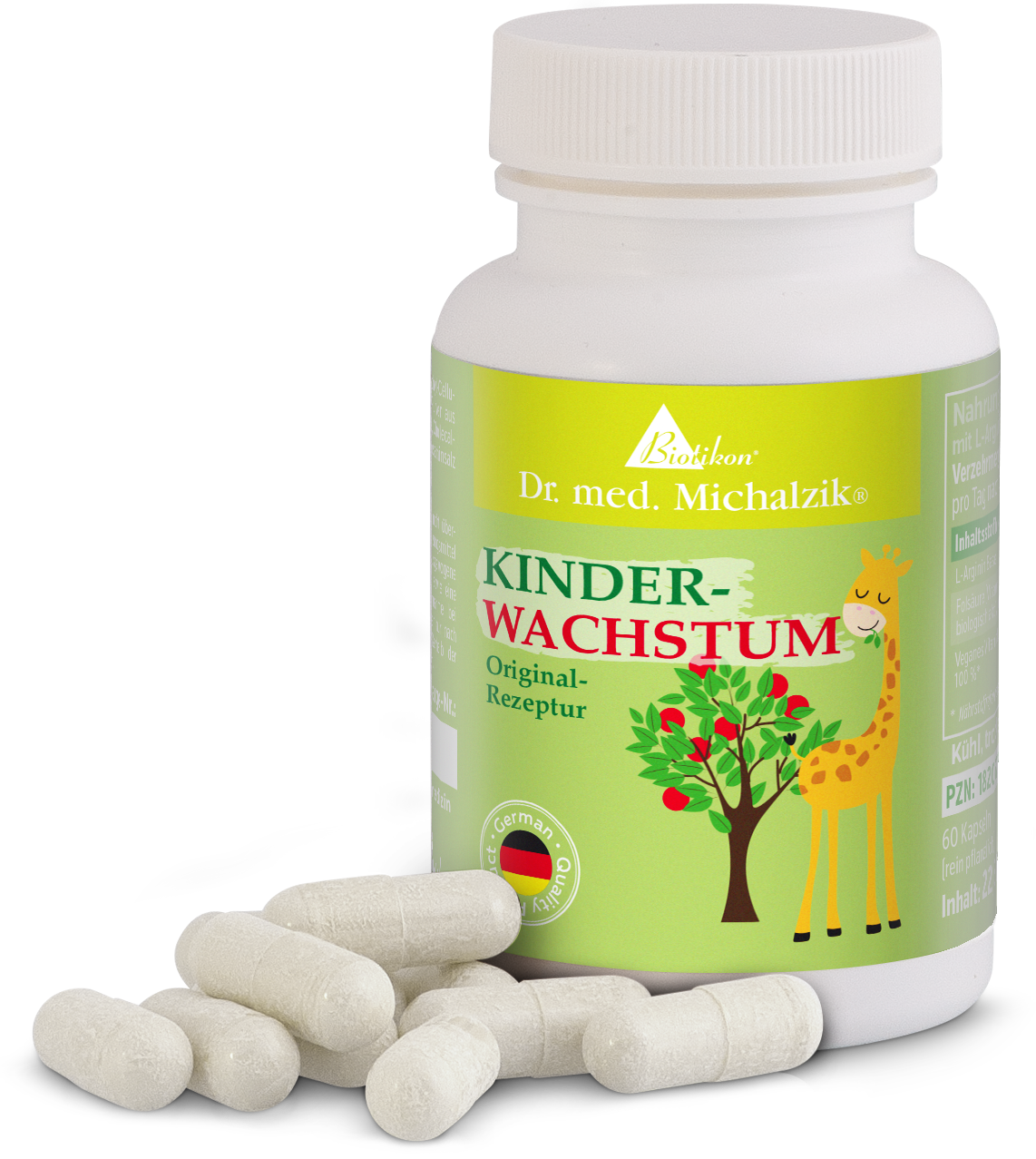 Kinder-Wachstum – 60 Kapseln Nahrungsergänzungsmittel für Kinder, Kapseln, 60 Stück, flasche in buntem Design, weiß